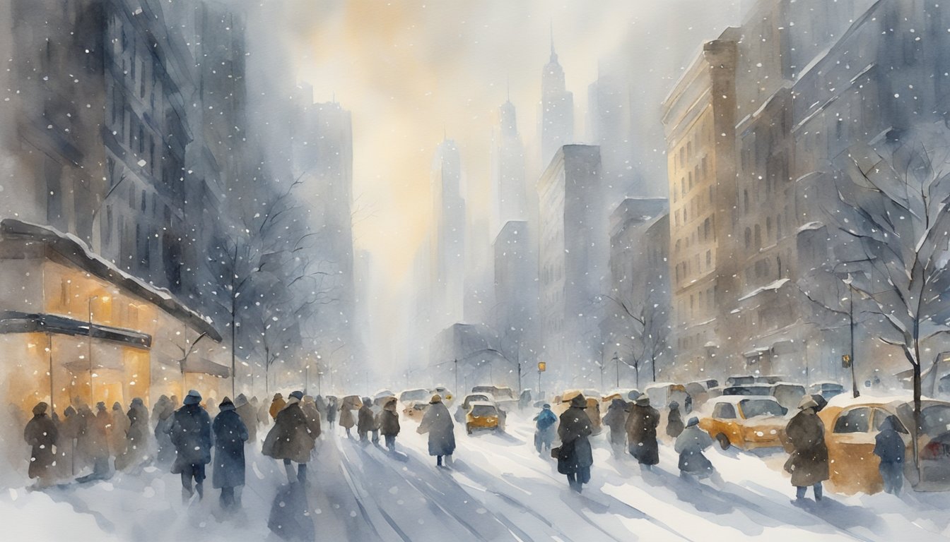 A bustling city engulfed in a blizzard, with snow swirling around towering skyscrapers and covering the streets, while people struggle to navigate through the wintry chaos