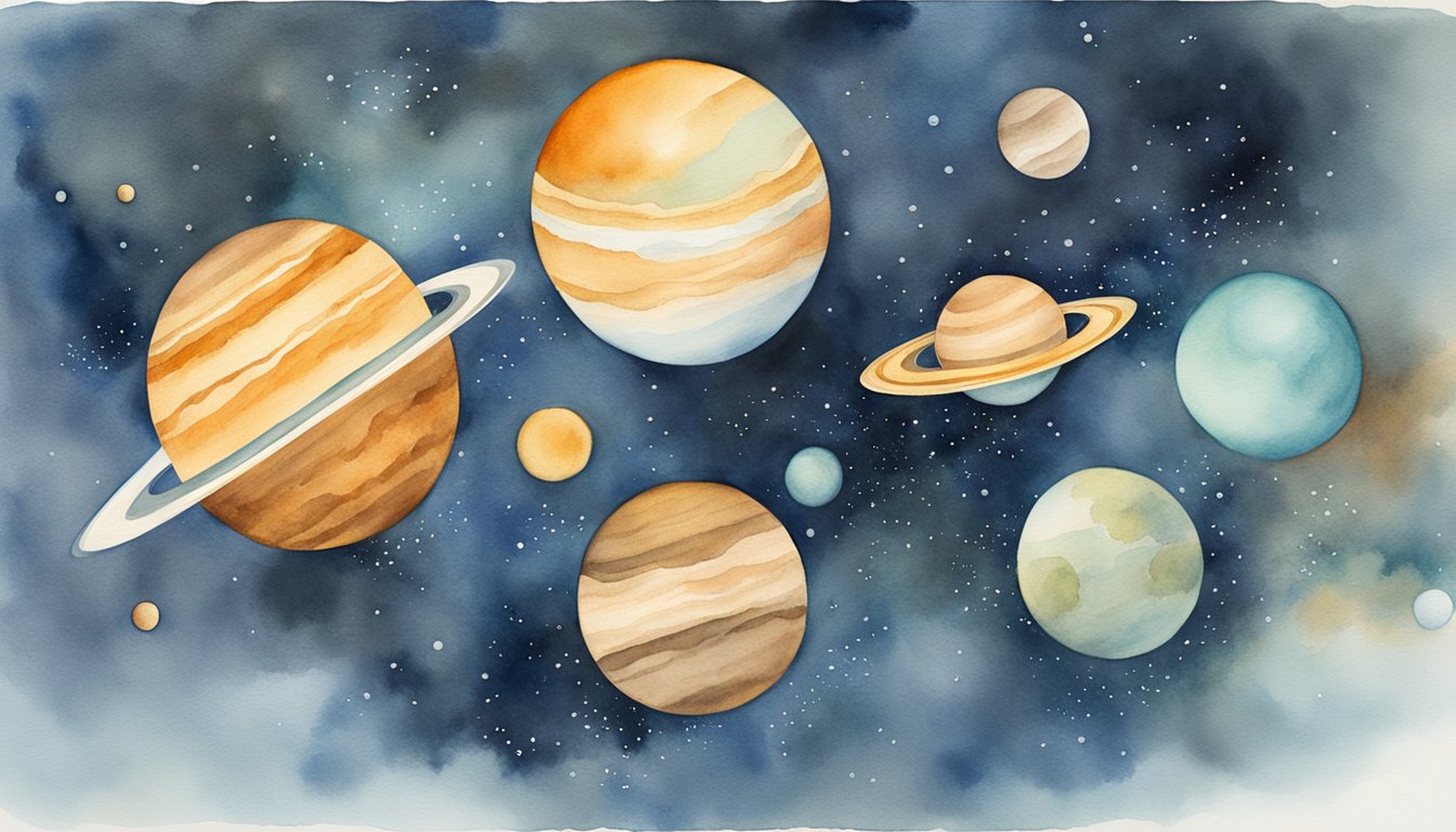 Planets orbiting a star, grouped by size and composition.</p><p>Rocky, gaseous, and icy bodies in various stages of formation and decay