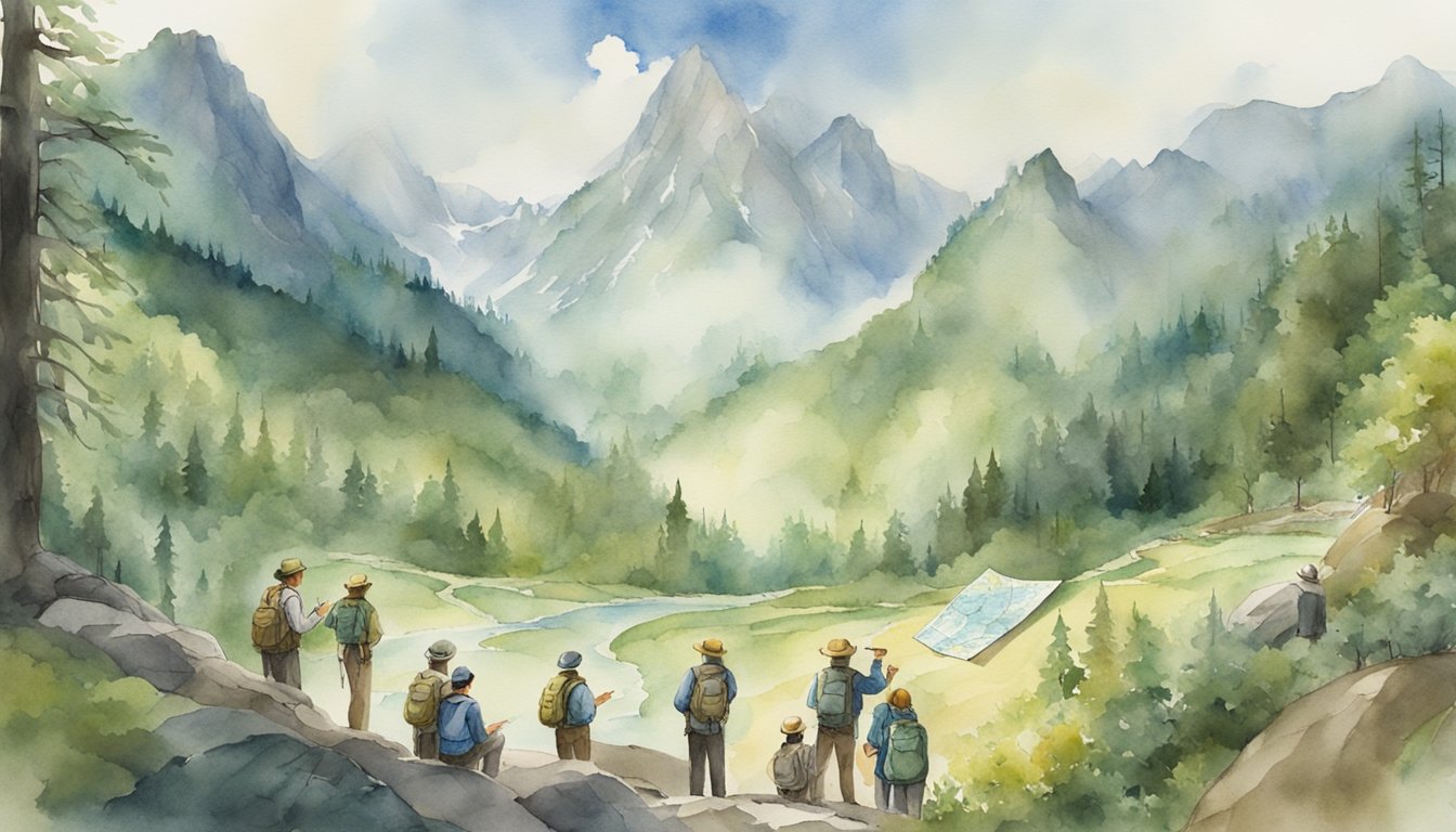 Visitors gather around a map, pointing and discussing, while a ranger provides information.</p><p>The majestic mountains and lush forests surround them