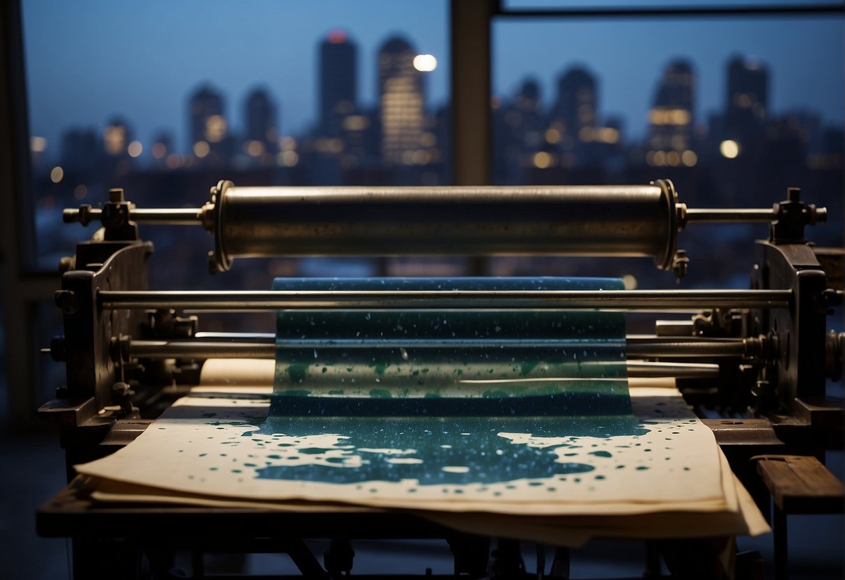 Ink splatters on a vintage printing press in a dimly lit Boston workshop, as the machine churns out crisp pages with the city skyline in the background