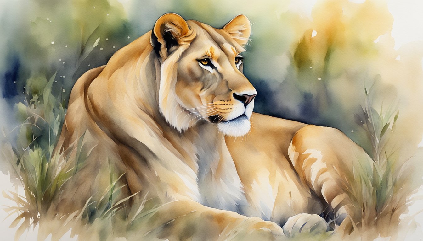 A maned lioness stands proudly, surrounded by her pride.</p><p>Their social structure and interactions are evident in their body language and facial expressions