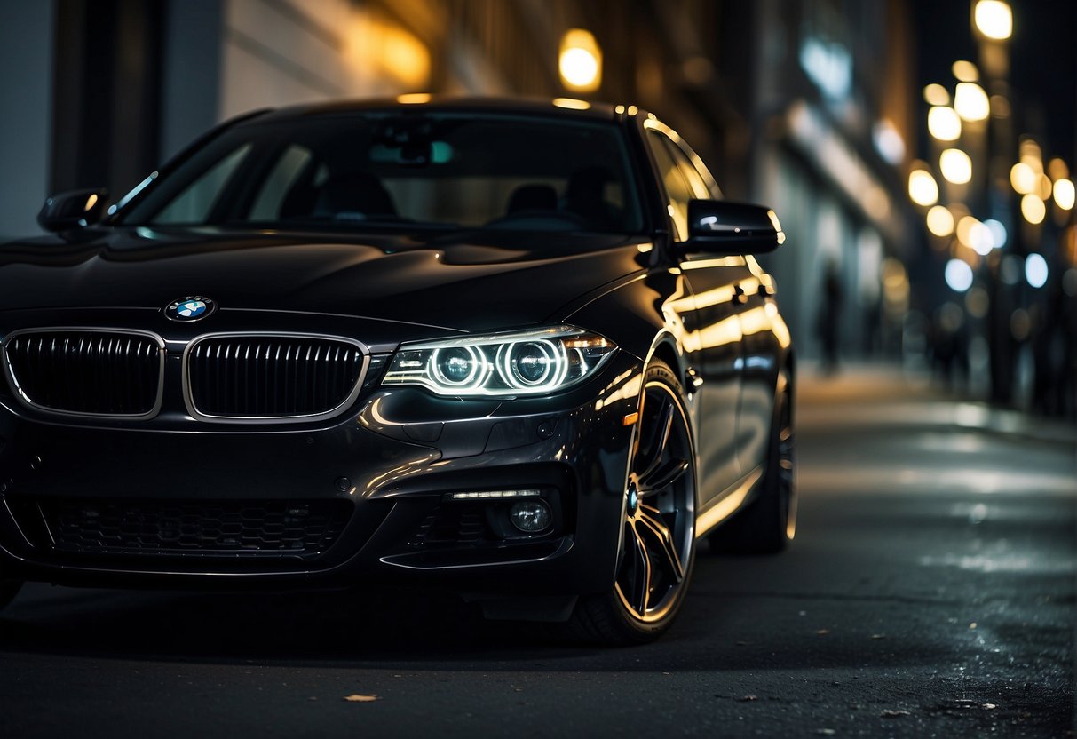 A sleek BMW F10 parked under a streetlight, with its headlights shining and reflecting off the glossy black paint