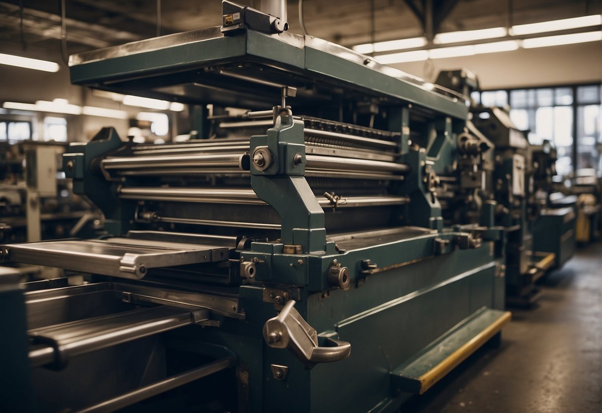 A large printing press in a bustling Boston print shop produces marketing materials with precision and speed