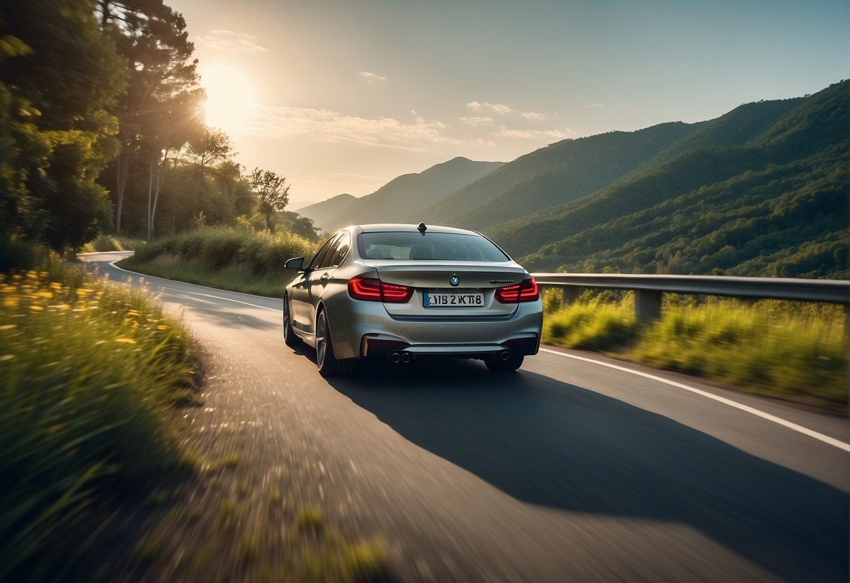 A BMW F10 driving smoothly on a winding road, surrounded by lush greenery and the sun shining in the background