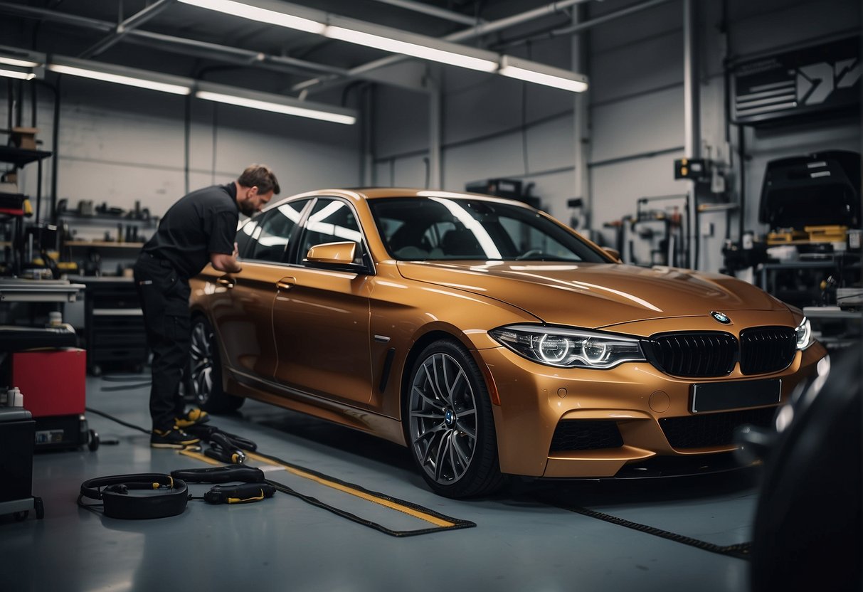 A BMW F10 being serviced and maintained, with tools and equipment in a clean and organized workshop setting