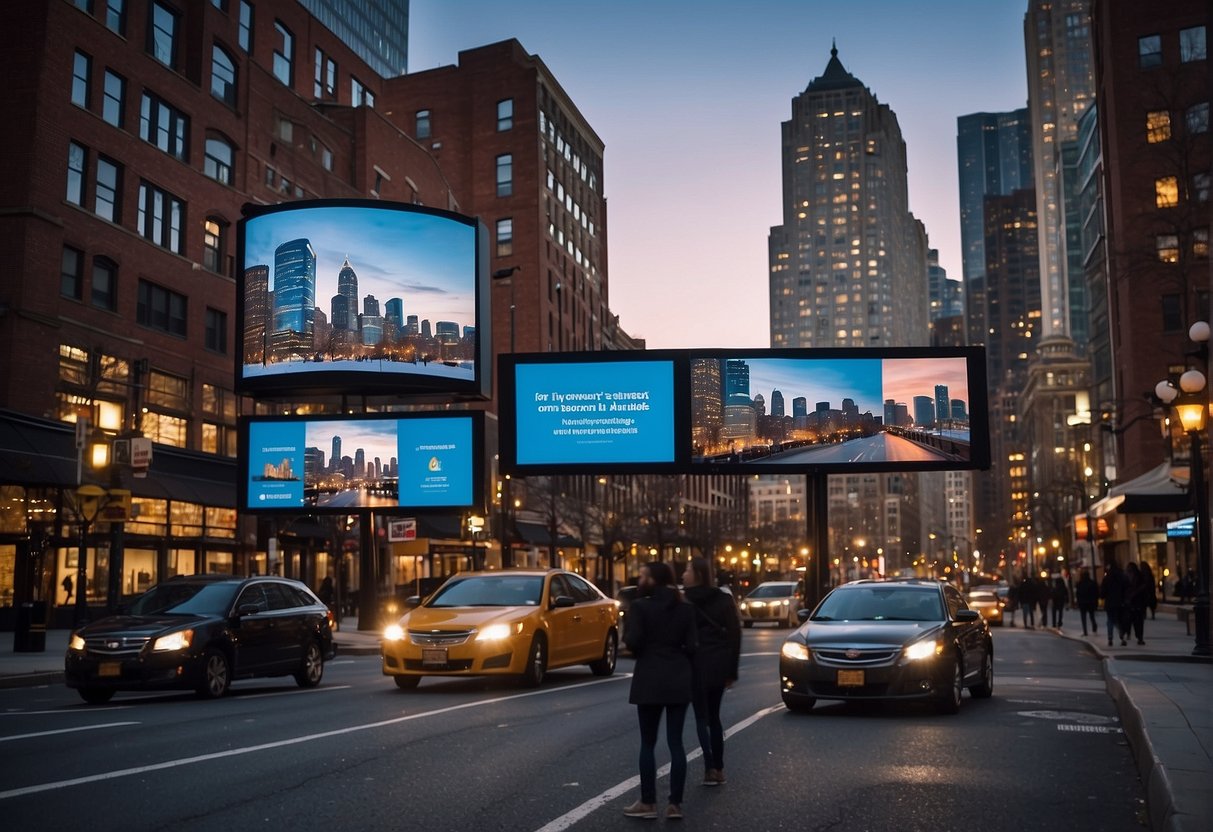 A bustling Boston street with digital screens displaying personalized printed materials. The city skyline looms in the background, showcasing the integration of technology and variable data printing