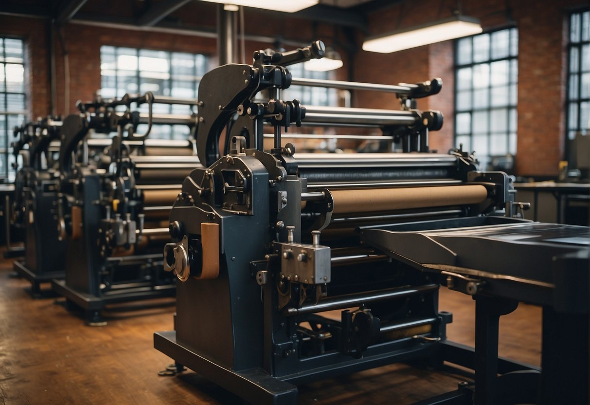A printing press in Boston operates, with various machines and equipment in use. The space is well-lit, organized, and bustling with activity