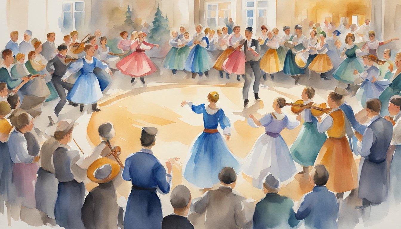 Traditional Russian folk dancers perform in a circle, surrounded by onlookers.</p><p>Tables are filled with food and drink, while musicians play traditional instruments