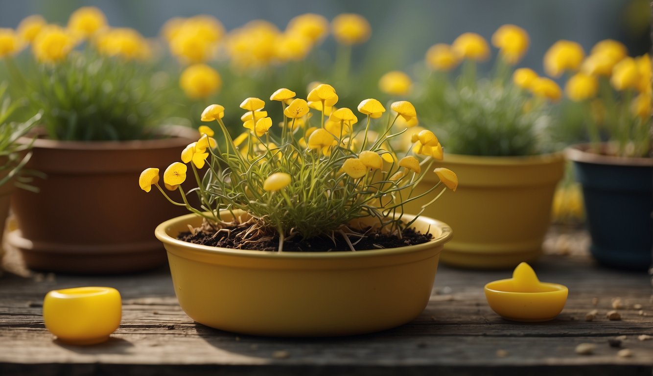 A bowl of yellow sticky traps catching fungus gnats, surrounded by empty plant pots
