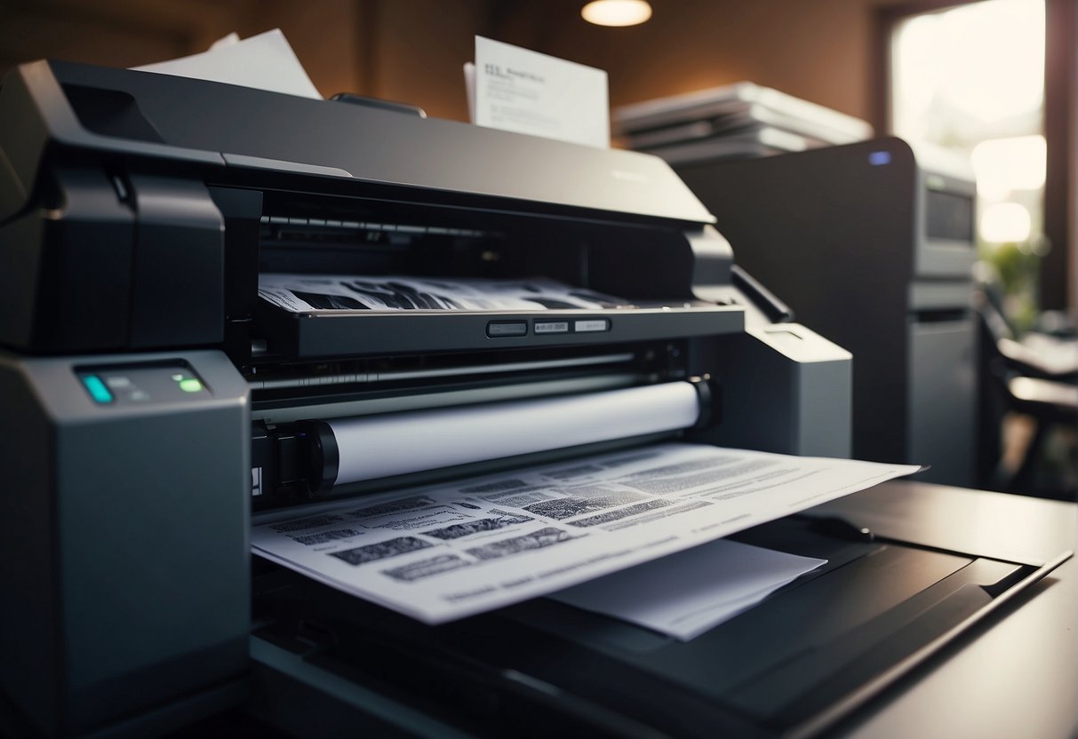 A printer hums as it spits out freshly printed pages, while a stack of paper and ink cartridges sit nearby. A computer screen displays a print queue, and a technician adjusts settings on the control panel