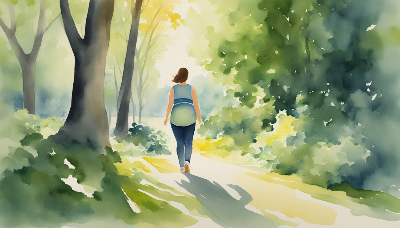 A pregnant person walks briskly through a park, surrounded by trees and greenery.</p><p>The sun is shining, and they appear determined and focused on their goal of inducing labor through movement