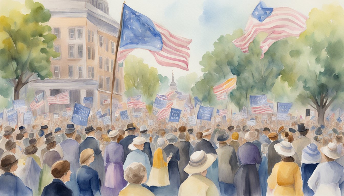 Susan B. Anthony's impact: a suffrage rally with diverse supporters, banners, and signs, celebrating women's rights and equality