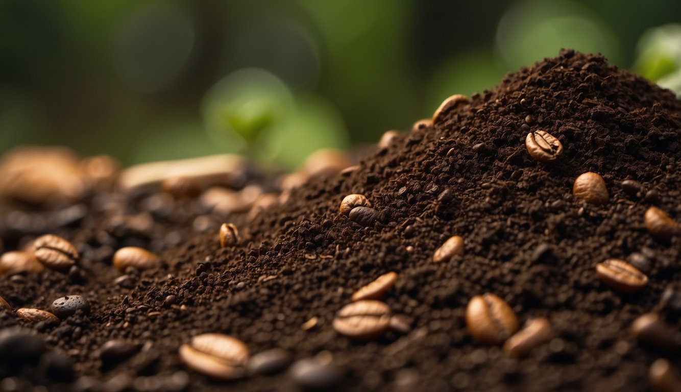 Coffee grounds spread over a pile of compost, enriching the soil with nutrients and aiding in decomposition