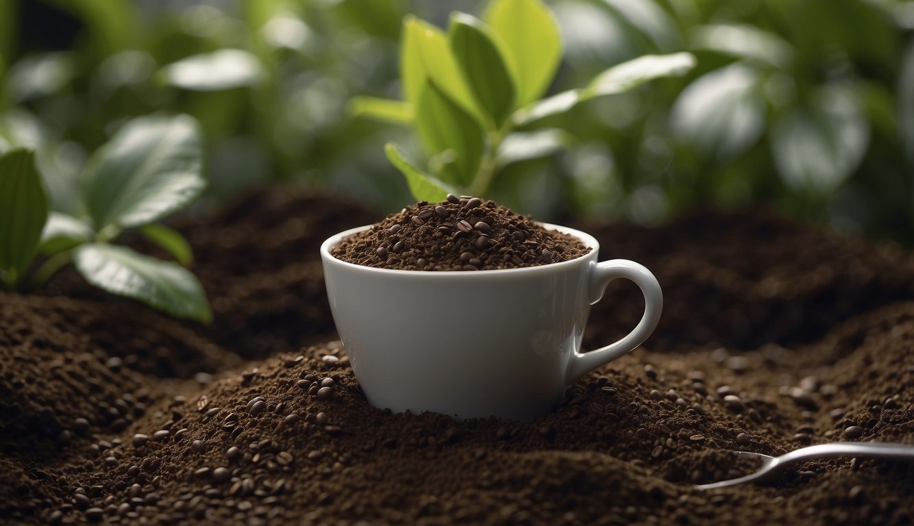 Coffee grounds spread around plants, enriching soil. Plants thrive in the nutrient-rich environment