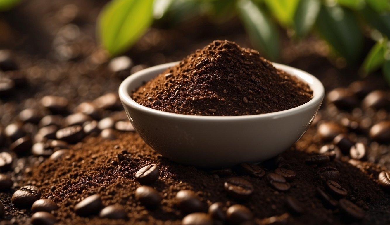 Coffee grounds scattered in a garden, used as fertilizer for plants, or mixed into a homemade body scrub