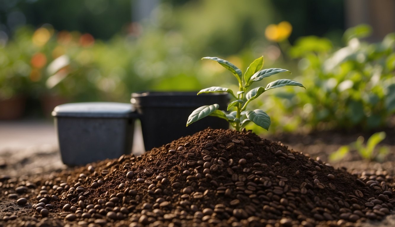Coffee grounds scattered in a garden, enriching soil and repelling pests. A compost bin nearby, filled with organic waste. A thriving plant growing from a reused coffee container