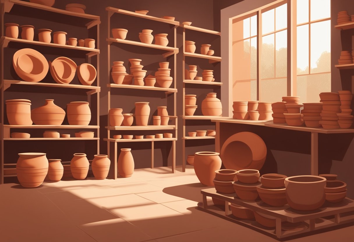 Red clay dirt is ideal for pottery making. A potter's wheel sits in a sunlit studio, surrounded by bags of red clay and shelves of finished pottery