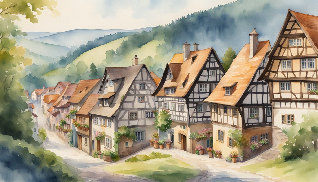 A picturesque German village with half-timbered houses, cobblestone streets, and a backdrop of rolling hills and forests