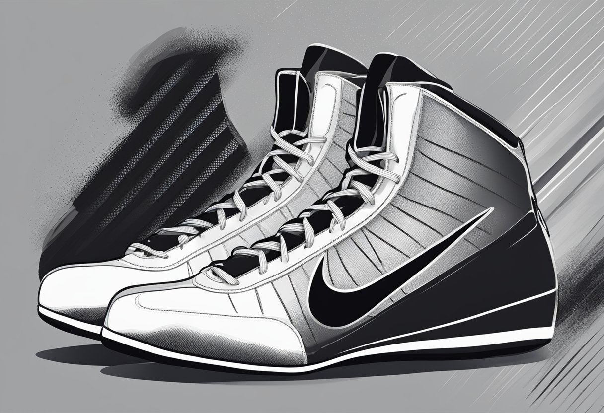 A pair of Nike boxing shoes, with sleek black and white design, laces tied tightly, ready for action on the canvas