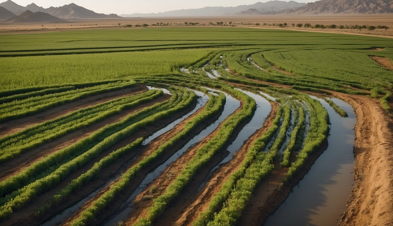 Lush green fields with a network of intricate irrigation channels, surrounded by arid land