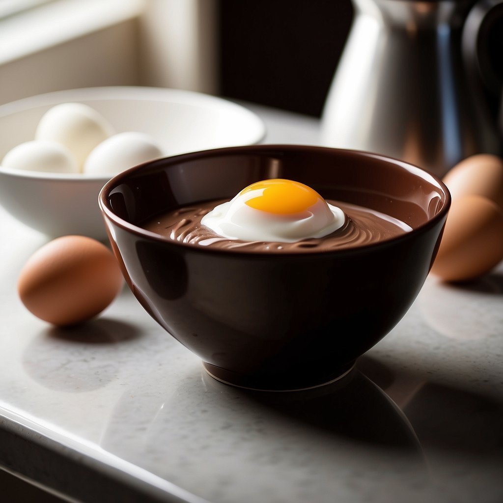 A bowl with chocolate, sugar, eggs, and cream. A whisk and a mixing bowl on a kitchen counter