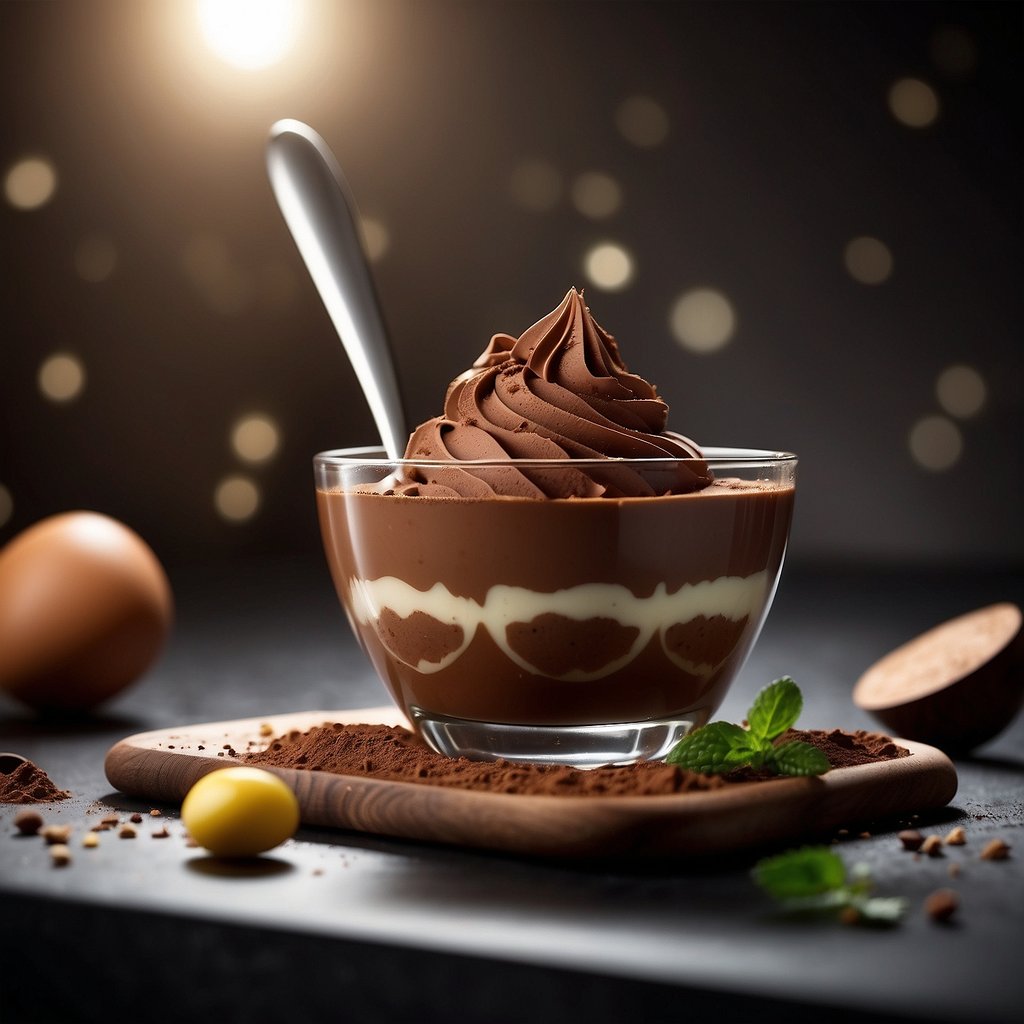 A bowl of creamy chocolate mousse being whisked with a spatula, surrounded by ingredients like cocoa powder, sugar, and eggs on a kitchen counter