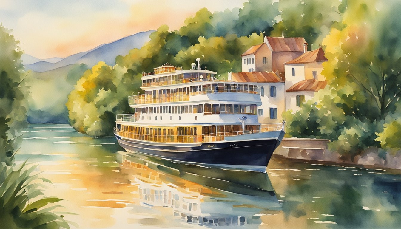 A river cruise ship glides through calm waters, surrounded by lush greenery and picturesque villages.</p><p>The sun sets in the distance, casting a warm glow over the tranquil scene