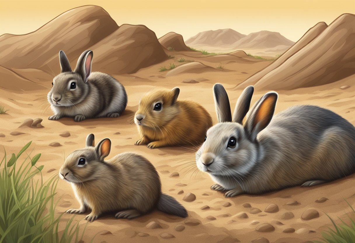 Animals peek out from burrows in the sandy ground, including rabbits, groundhogs, and prairie dogs
