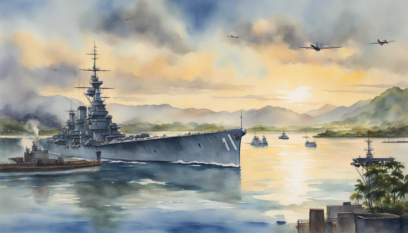 The calm waters of Pearl Harbor reflect the early morning sky as the Japanese planes approach, setting the stage for the devastating attack that would change the course of history