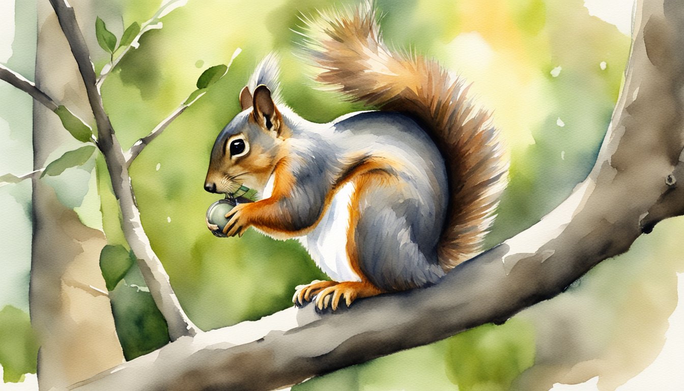 A squirrel perched on a tree branch, nibbling on a nut.</p><p>Its bushy tail is arched as it scans the ground for more food