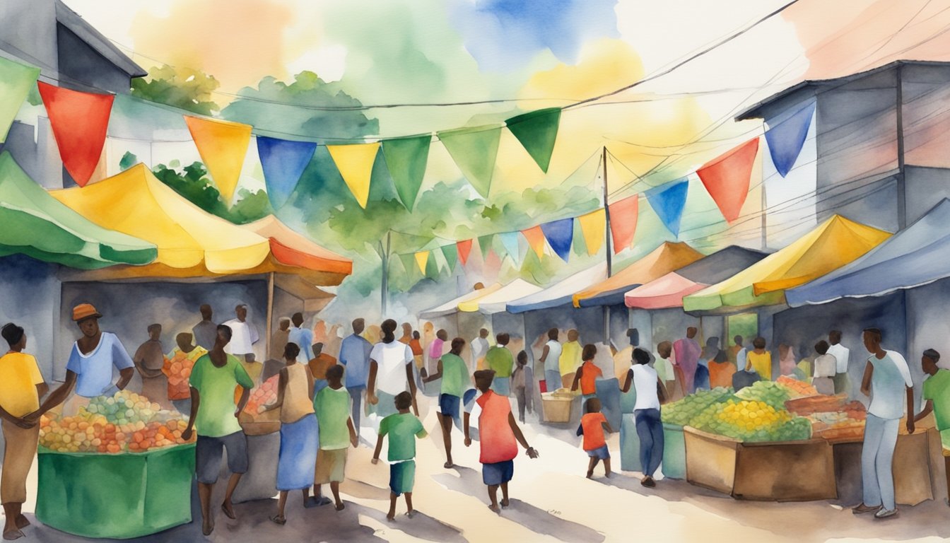 A vibrant Jamaican street market with colorful flags, reggae music, and political posters.</p><p>The scene is filled with cultural symbols and lively energy