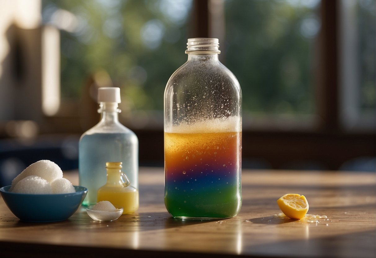 A large plastic bottle sits on a table, filled with hydrogen peroxide. A small amount of dish soap and food coloring are added, followed by a scoop of yeast. The mixture quickly erupts, creating a foamy eruption
