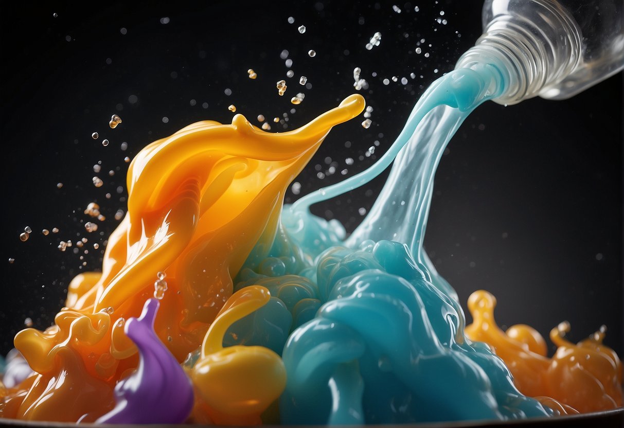 A clear plastic bottle overflows with foamy, colorful "elephant toothpaste" as a chemical reaction creates a mesmerizing, bubbling eruption