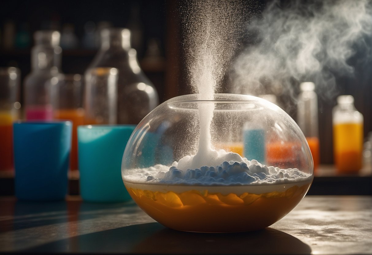 A large clear container overflows with foamy, colorful "elephant toothpaste" as a chemical reaction causes a spectacular eruption