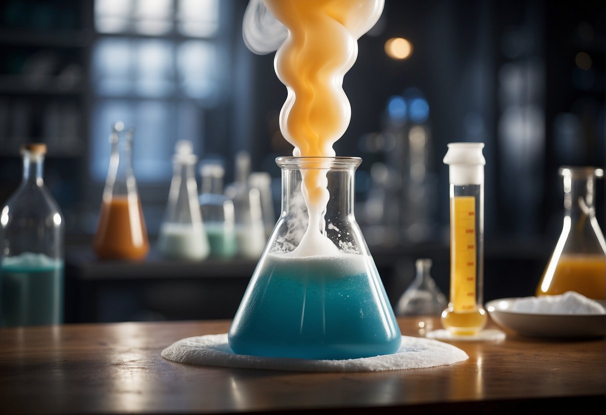 A large beaker contains a foaming eruption of elephant toothpaste, spilling over the edges onto a lab table. Chemicals and equipment surround the experiment