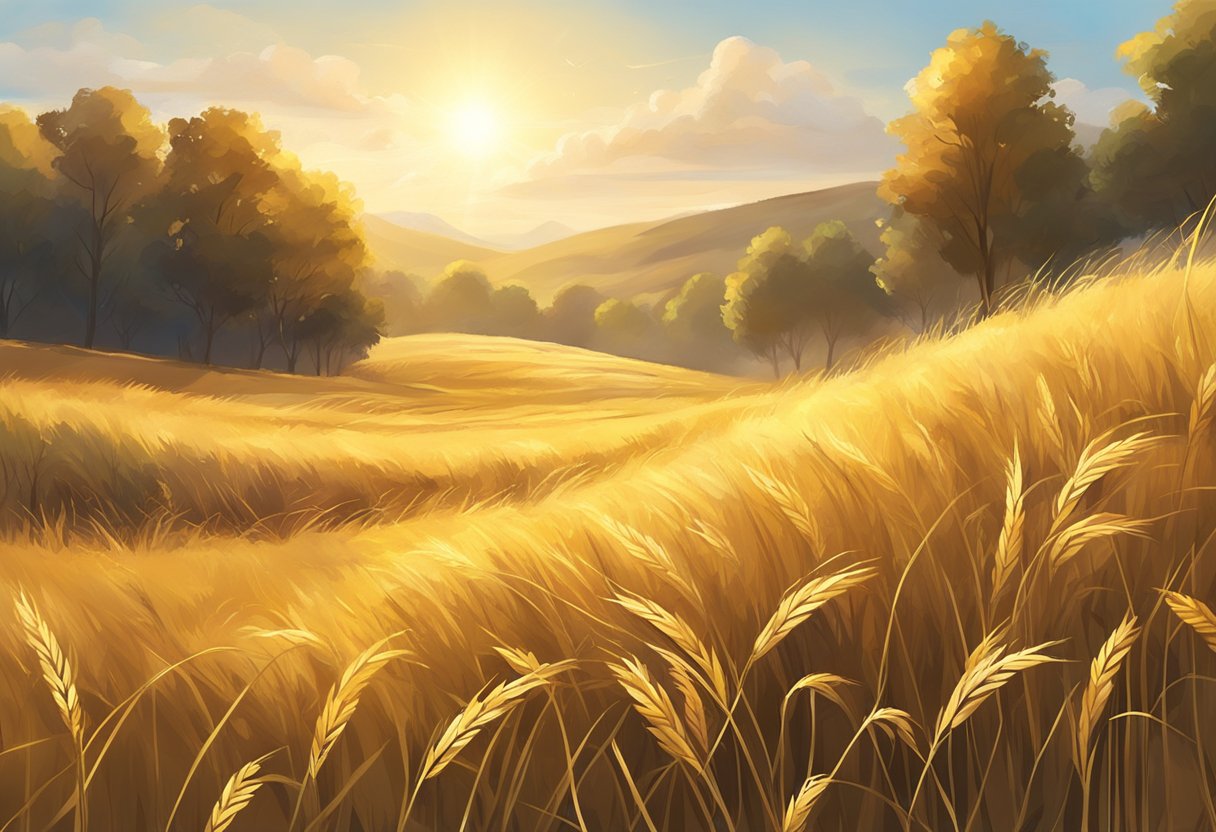 Golden grass sways like wheat in a gentle breeze. Sunlight bathes the field in a warm, inviting glow