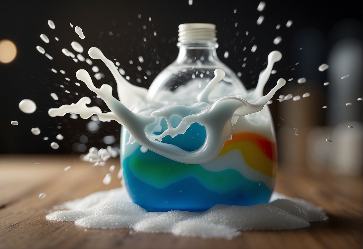 A large, clear plastic bottle overflows with foamy, colorful "toothpaste" as a chemical reaction creates a dramatic eruption