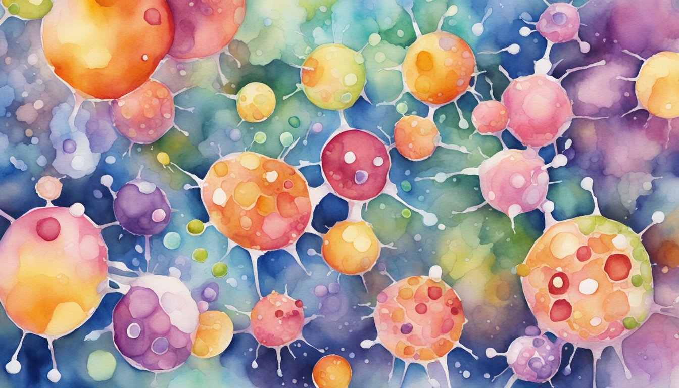 Colorful immune cells working together in a vibrant, bustling environment.</p><p>Antibodies and T-cells interacting with pathogens and viruses, while vitamins and nutrients support their function