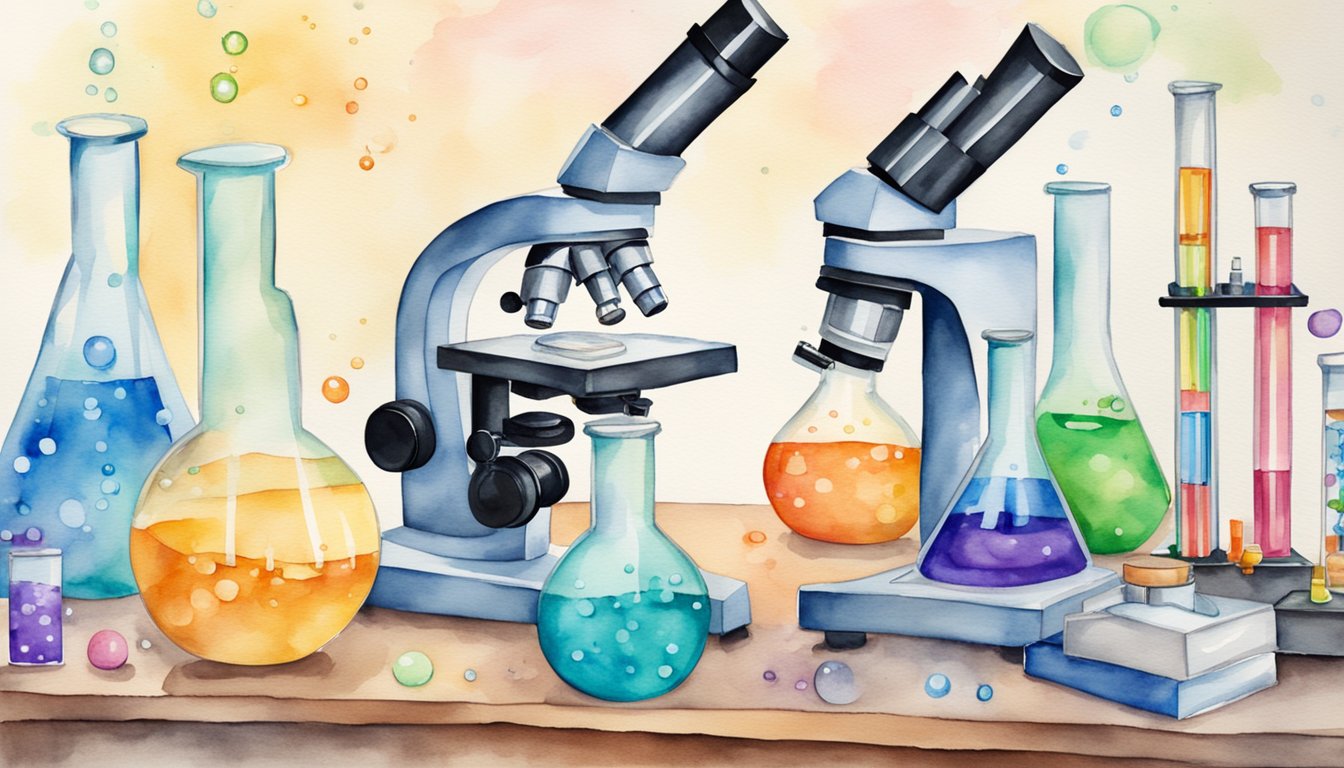 A colorful laboratory with bubbling beakers and test tubes, a microscope, and science equipment with the words "Fundamentals of Science for Kids" displayed prominently