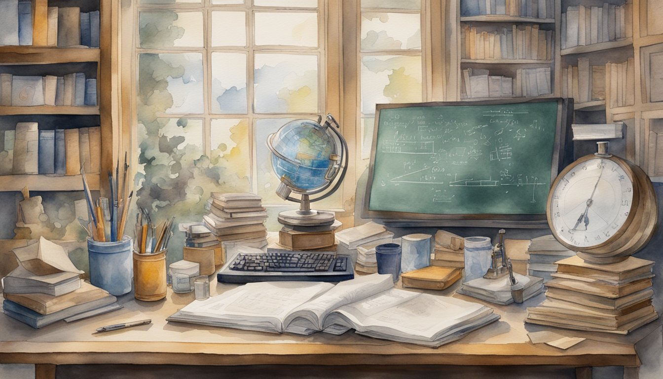 A cluttered study with books, a chalkboard covered in equations, and a desk with scientific instruments, representing Albert Einstein's life and impact