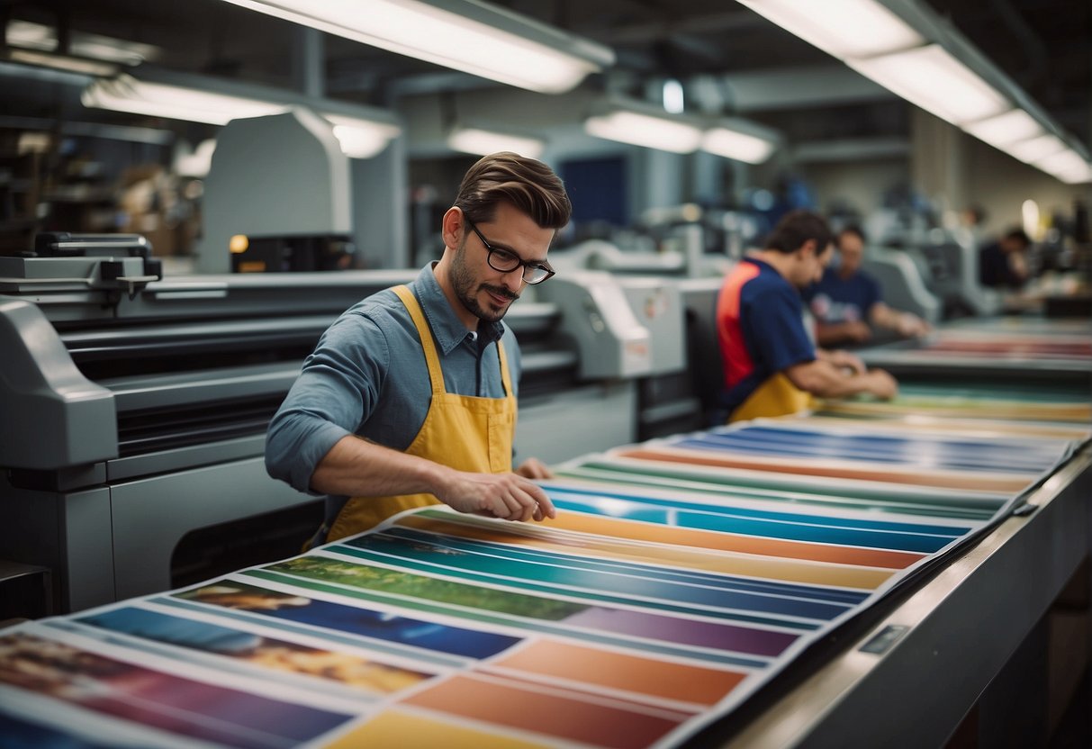 A person in a Boston printing shop selects from a variety of printing providers. The shop is filled with colorful printed materials and large printing machines
