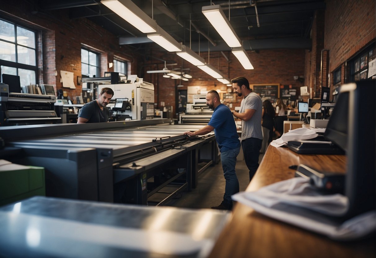 A busy print shop in Boston offers various design and customization options. Customers discuss their preferences with staff, while printers hum in the background