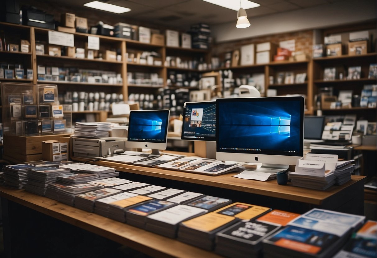 A bustling print shop in Boston showcases a variety of marketing materials and promotional products, including business cards, flyers, and branded merchandise