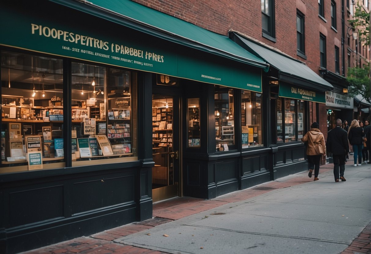 A bustling Boston street with a row of professional printing shops, each with vibrant signage and busy customers coming and going