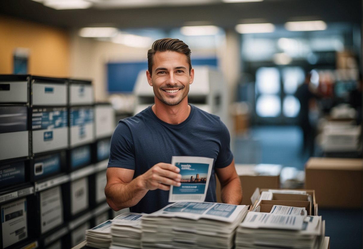 A customer smiling while receiving high-quality printed materials from a top printing provider in Boston