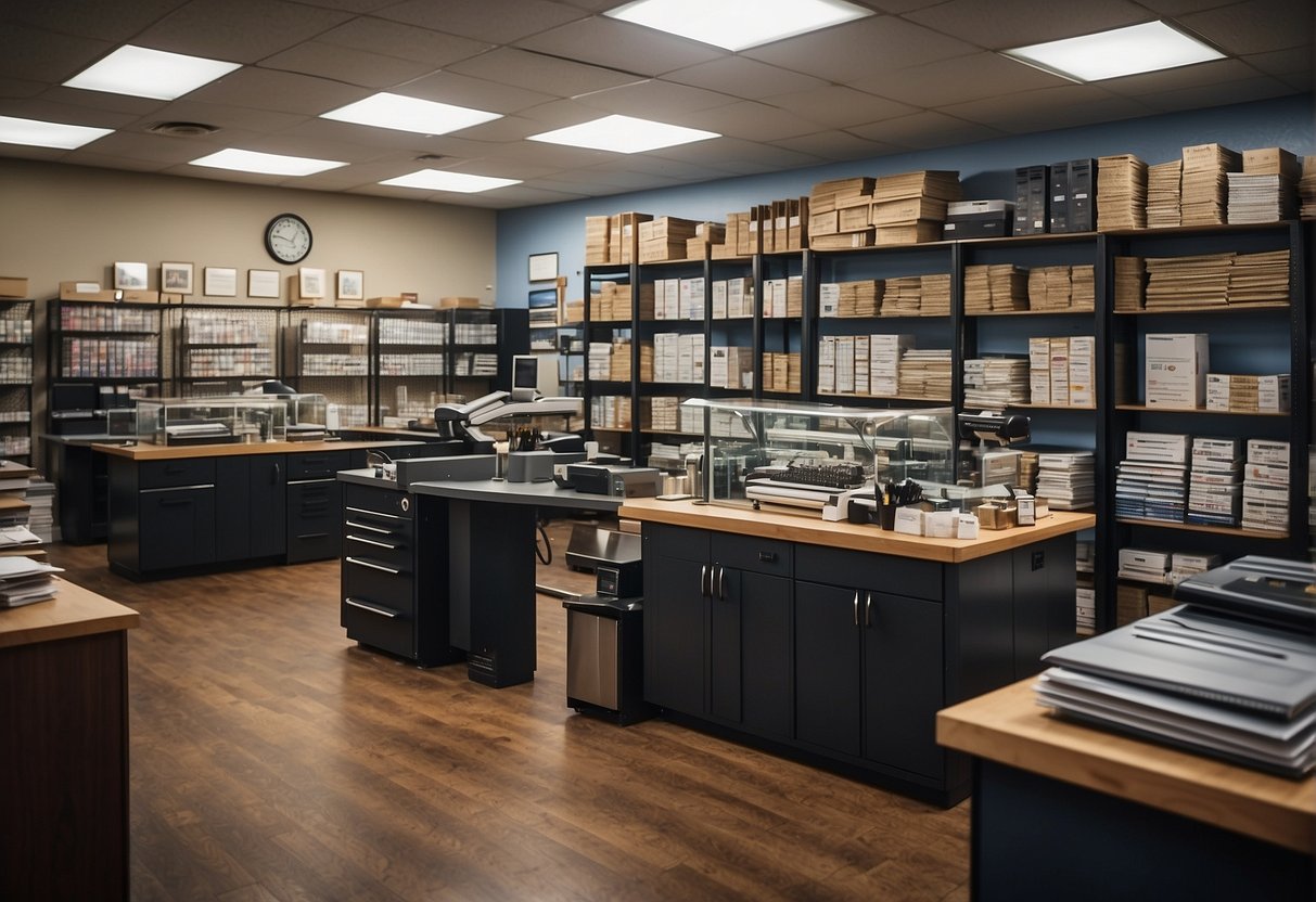 A bustling print shop in Boston offers a range of services and products, including brochures, business cards, and promotional materials. The shop is filled with state-of-the-art printing equipment and a team of skilled professionals
