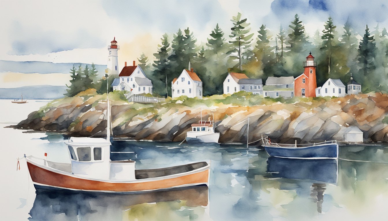 The scene showcases Maine's diverse history and culture through symbols like lighthouses, lobsters, pine trees, and historic buildings