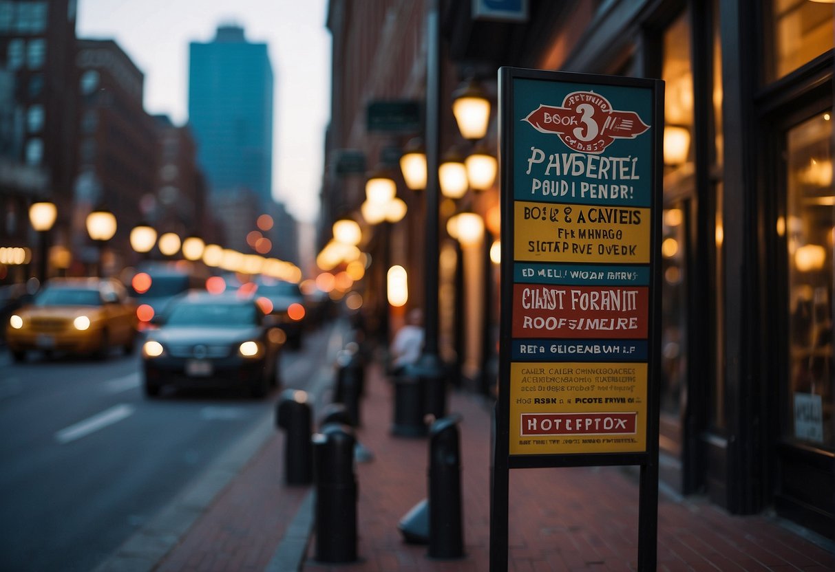 A bustling Boston street with prominent signage for top printing providers