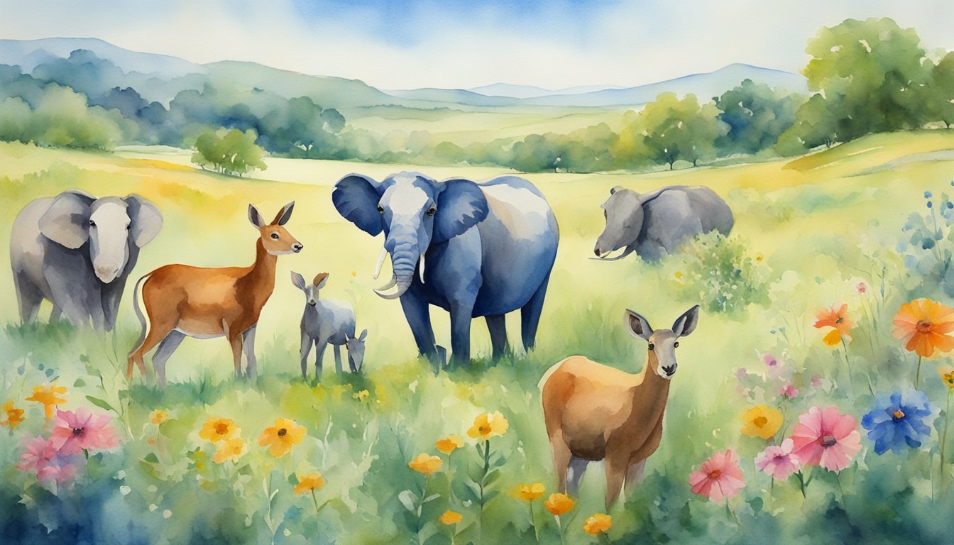 Animals roam freely in a vast grassland, surrounded by lush greenery and vibrant flowers, with a clear blue sky overhead