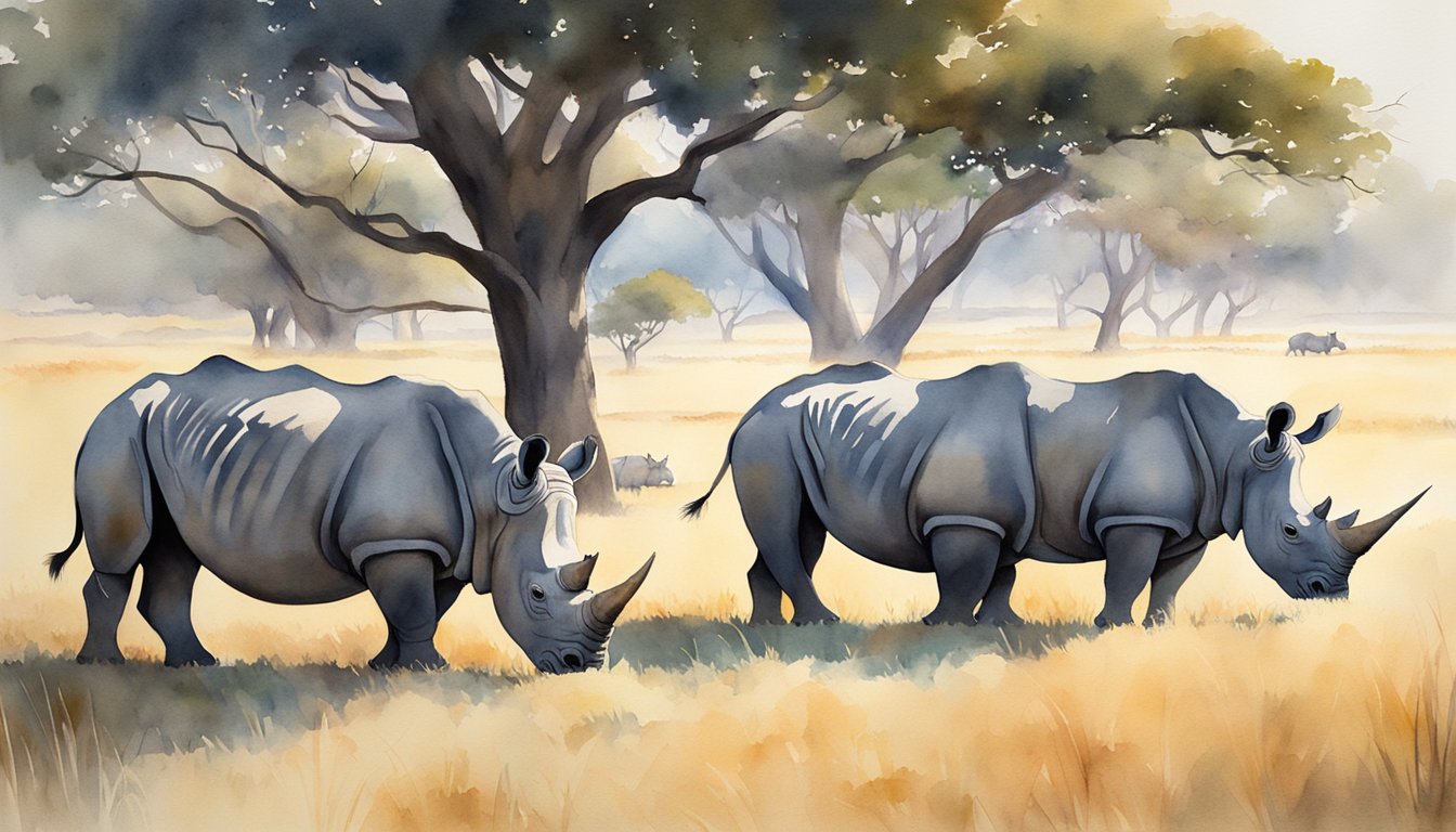 A group of white rhinos graze in a grassy savanna, their massive bodies casting shadows in the warm sunlight.</p><p>The peaceful scene is interrupted by the distant sound of poachers, a reminder of the urgent need for conservation efforts